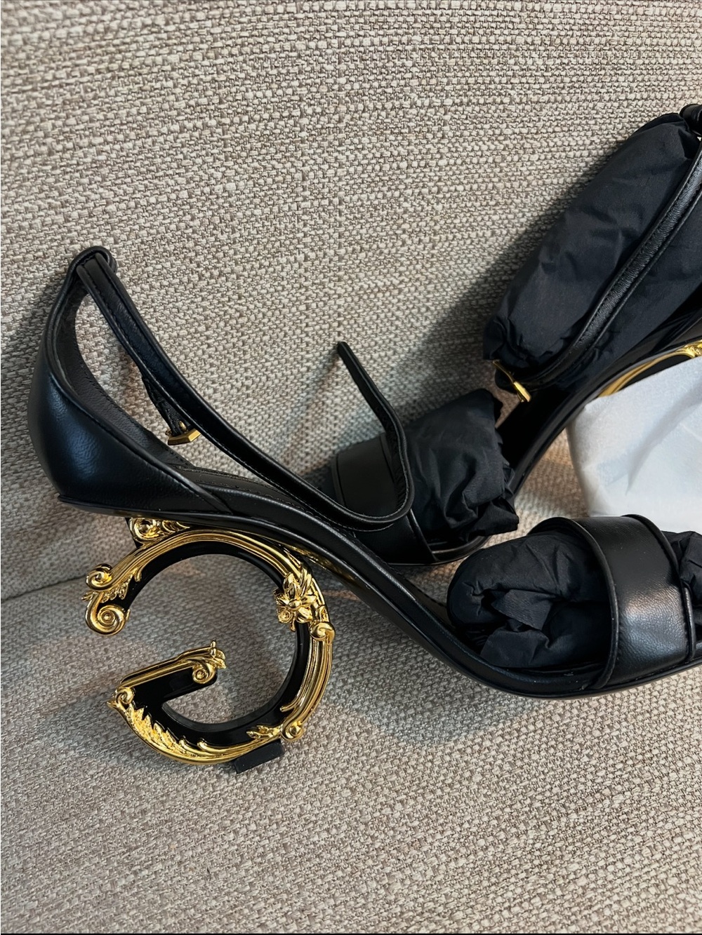 Dolce & Gabbana Black Leather Sandals with Ornate Gold Scroll Heels